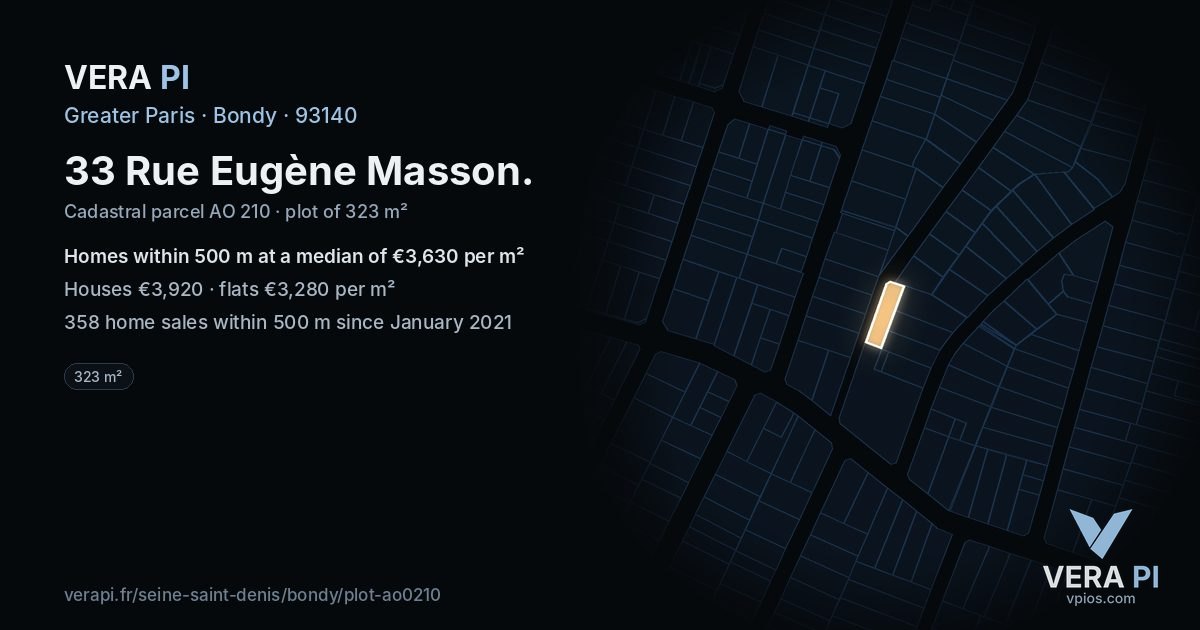33 Rue Eugène Masson, Bondy at night – the plot lit, the parcels around coloured by the prices near them