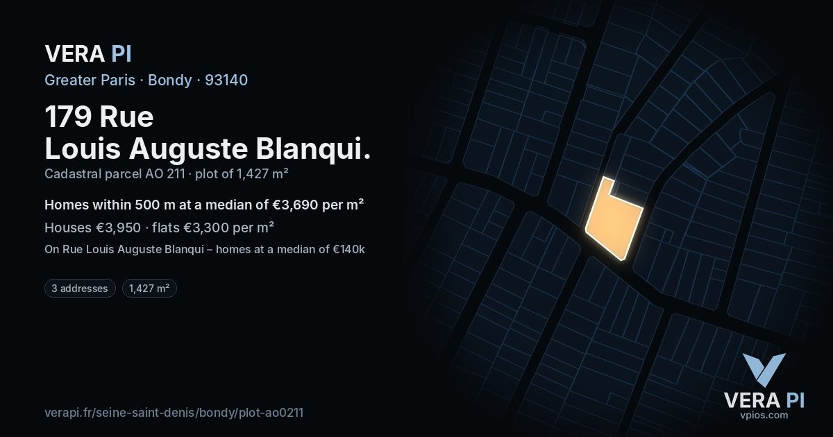 179 Rue Louis Auguste Blanqui, Bondy at night – the plot lit, the parcels around coloured by the prices near them
