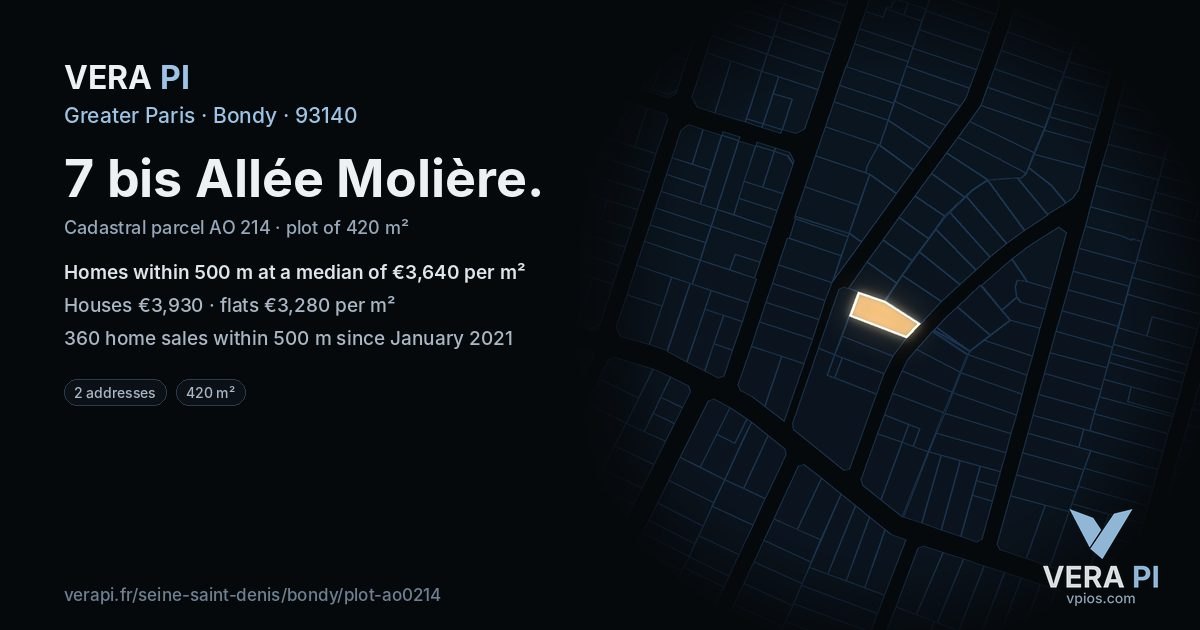 7 bis Allée Molière, Bondy at night – the plot lit, the parcels around coloured by the prices near them