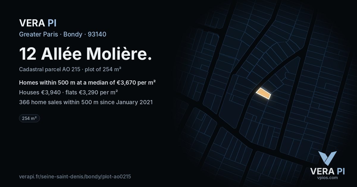 12 Allée Molière, Bondy at night – the plot lit, the parcels around coloured by the prices near them