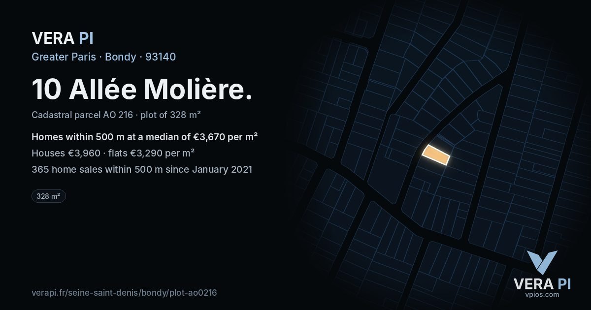 10 Allée Molière, Bondy at night – the plot lit, the parcels around coloured by the prices near them