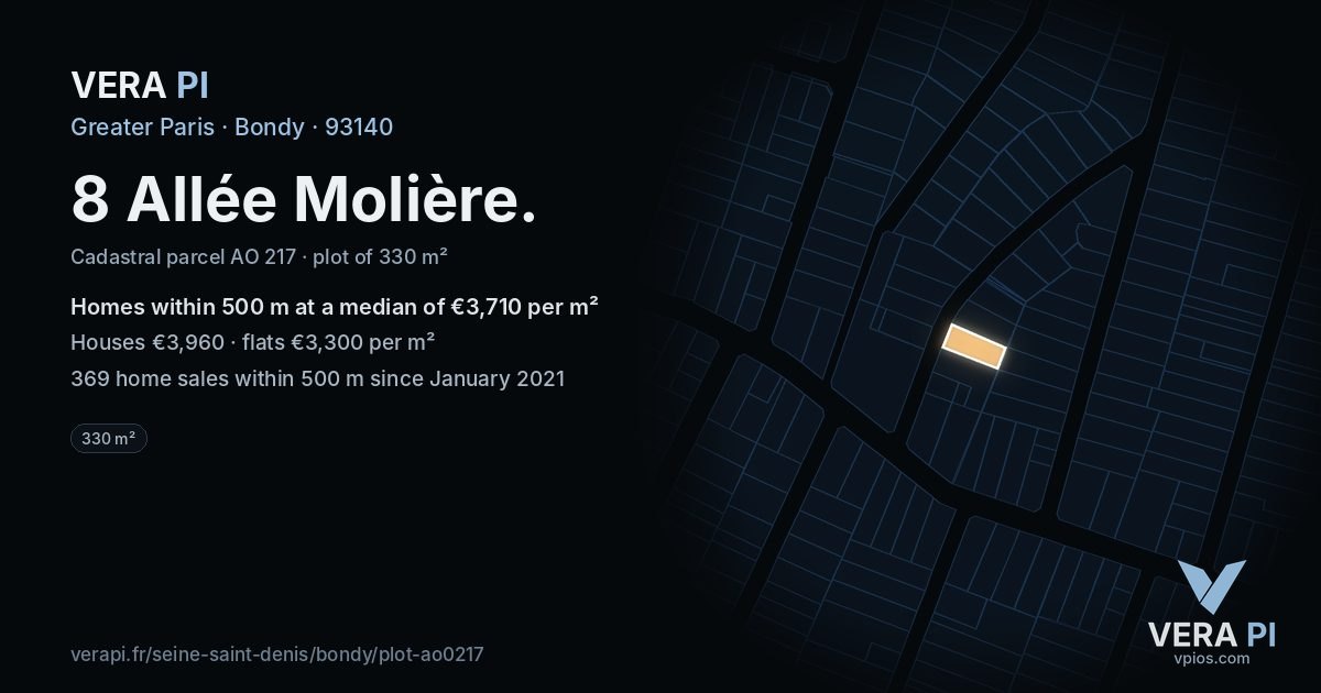 8 Allée Molière, Bondy at night – the plot lit, the parcels around coloured by the prices near them
