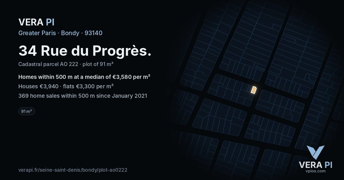 34 Rue du Progrès, Bondy at night – the plot lit, the parcels around coloured by the prices near them