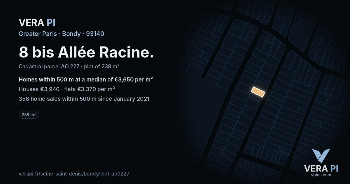 8 bis Allée Racine, Bondy at night – the plot lit, the parcels around coloured by the prices near them