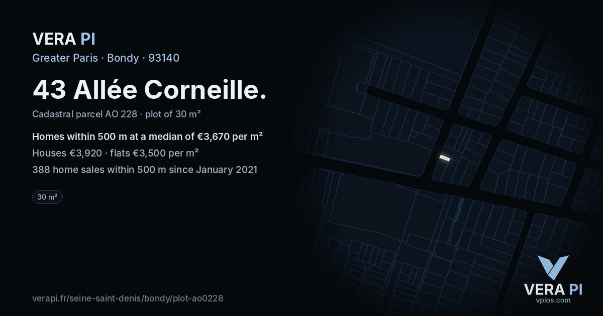 43 Allée Corneille, Bondy at night – the plot lit, the parcels around coloured by the prices near them
