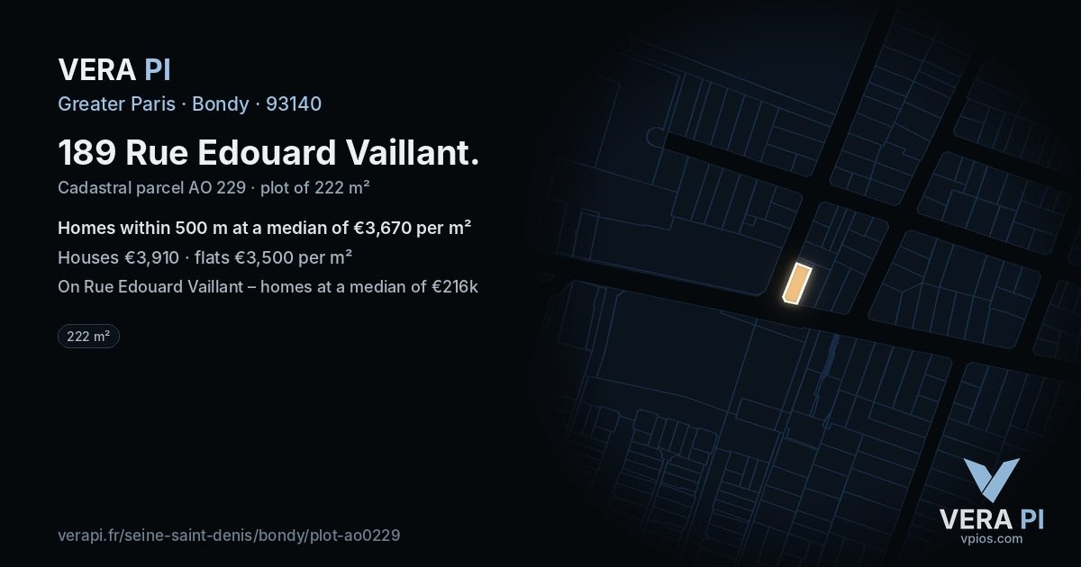 189 Rue Edouard Vaillant, Bondy at night – the plot lit, the parcels around coloured by the prices near them