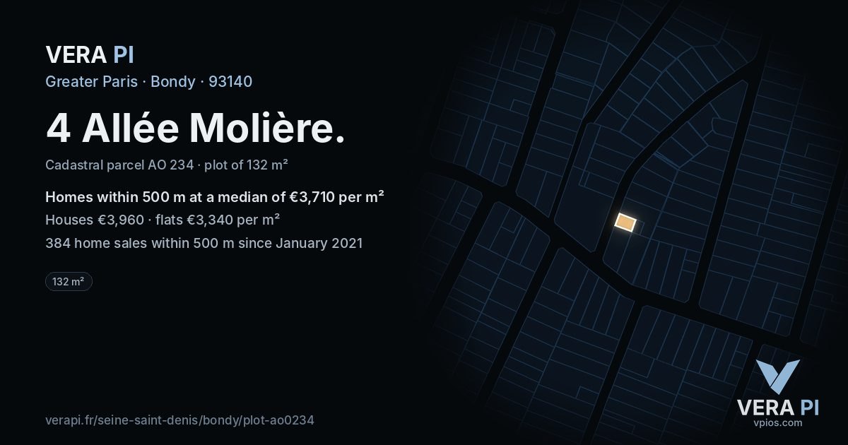 4 Allée Molière, Bondy at night – the plot lit, the parcels around coloured by the prices near them