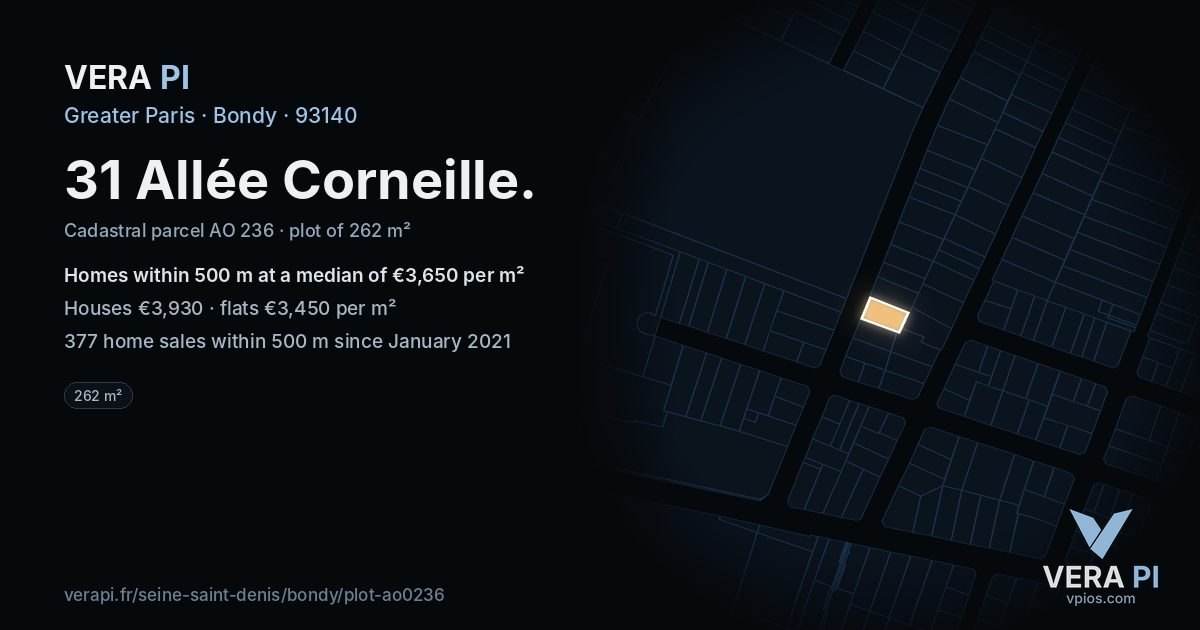 31 Allée Corneille, Bondy at night – the plot lit, the parcels around coloured by the prices near them