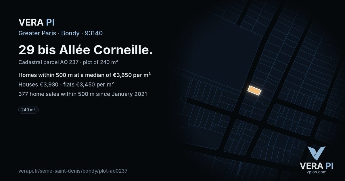 29 bis Allée Corneille, Bondy at night – the plot lit, the parcels around coloured by the prices near them