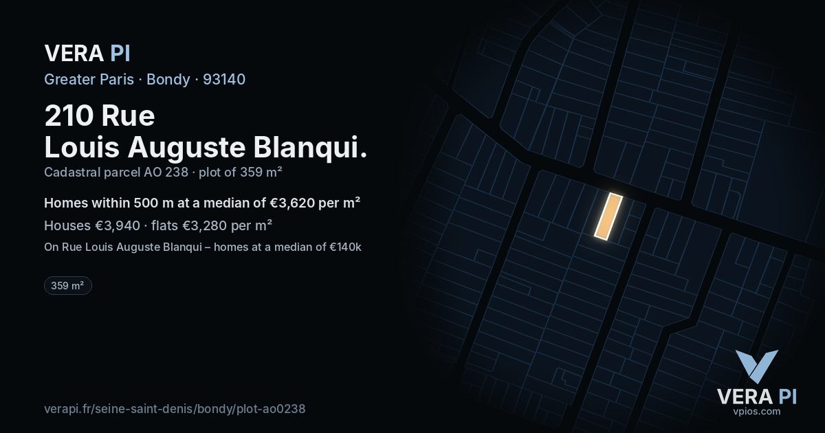 210 Rue Louis Auguste Blanqui, Bondy at night – the plot lit, the parcels around coloured by the prices near them