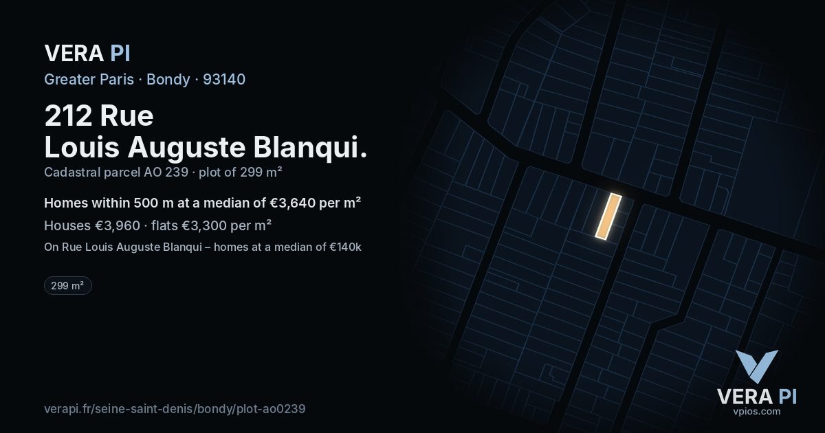 212 Rue Louis Auguste Blanqui, Bondy at night – the plot lit, the parcels around coloured by the prices near them