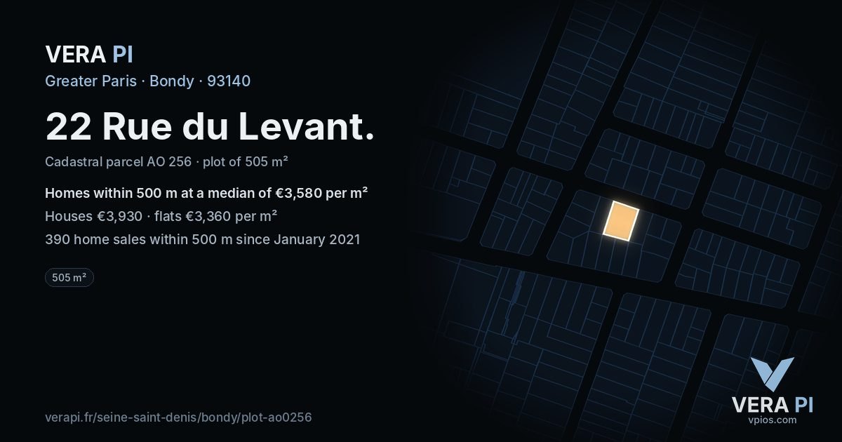 22 Rue du Levant, Bondy at night – the plot lit, the parcels around coloured by the prices near them