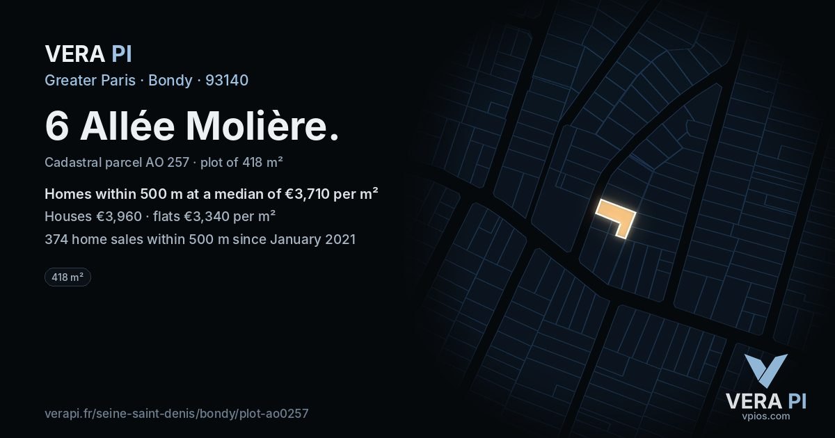 6 Allée Molière, Bondy at night – the plot lit, the parcels around coloured by the prices near them