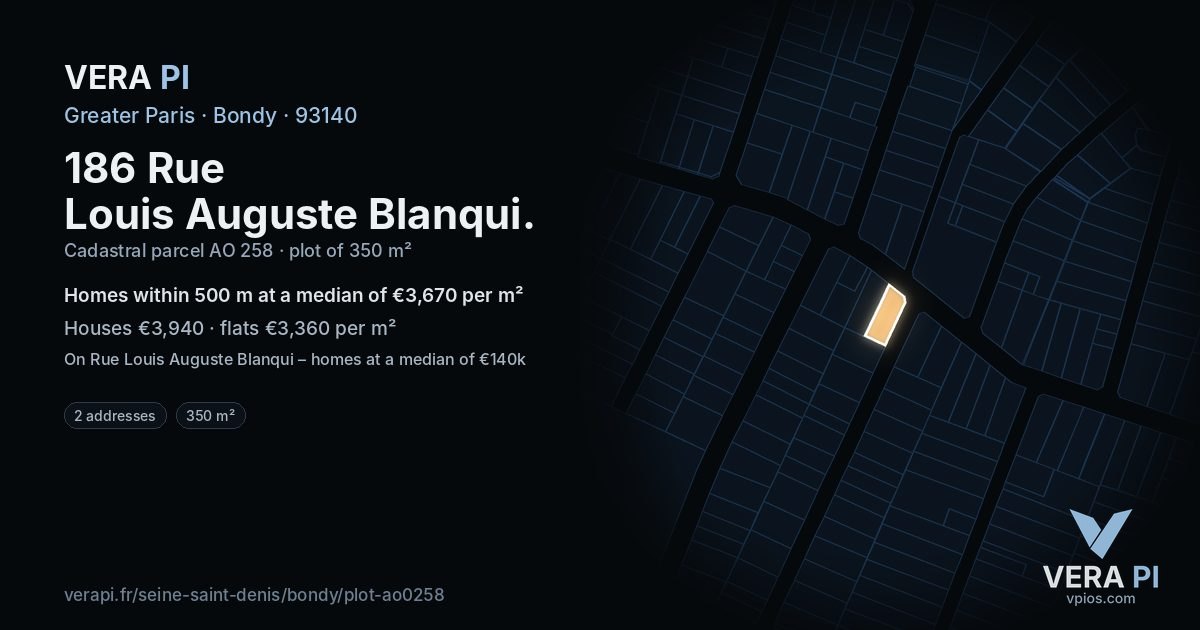 186 Rue Louis Auguste Blanqui, Bondy at night – the plot lit, the parcels around coloured by the prices near them