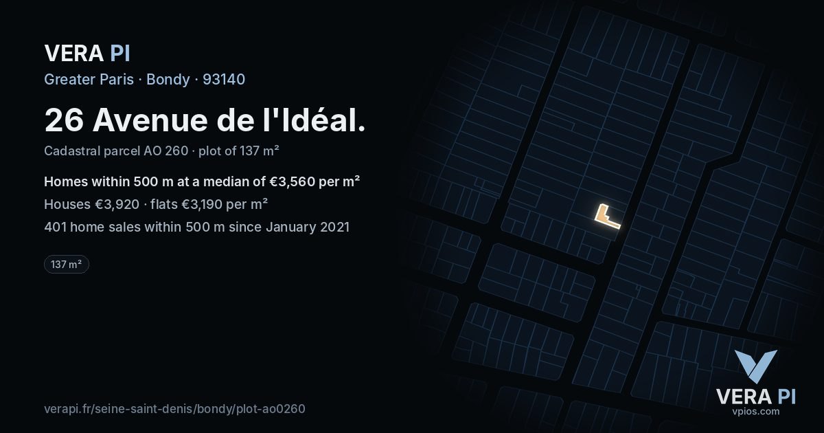 26 Avenue de l'Idéal, Bondy at night – the plot lit, the parcels around coloured by the prices near them