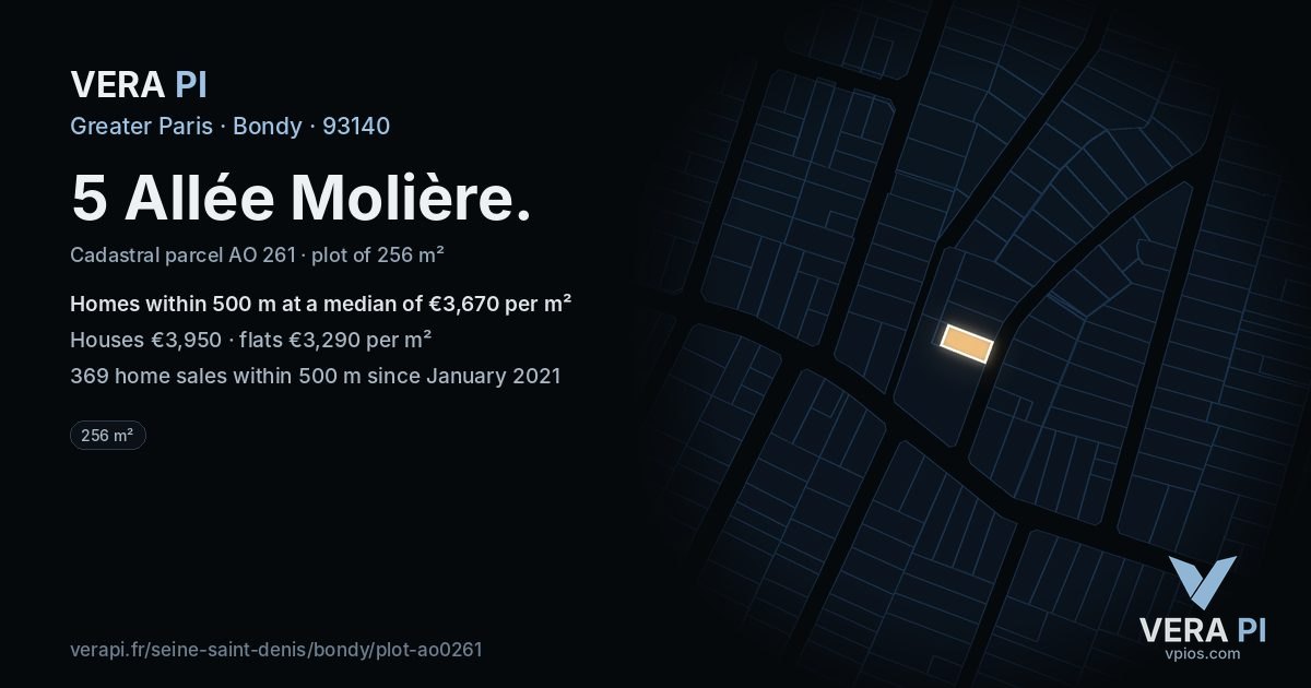 5 Allée Molière, Bondy at night – the plot lit, the parcels around coloured by the prices near them