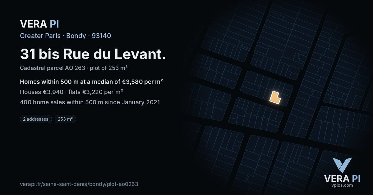 31 bis Rue du Levant, Bondy at night – the plot lit, the parcels around coloured by the prices near them