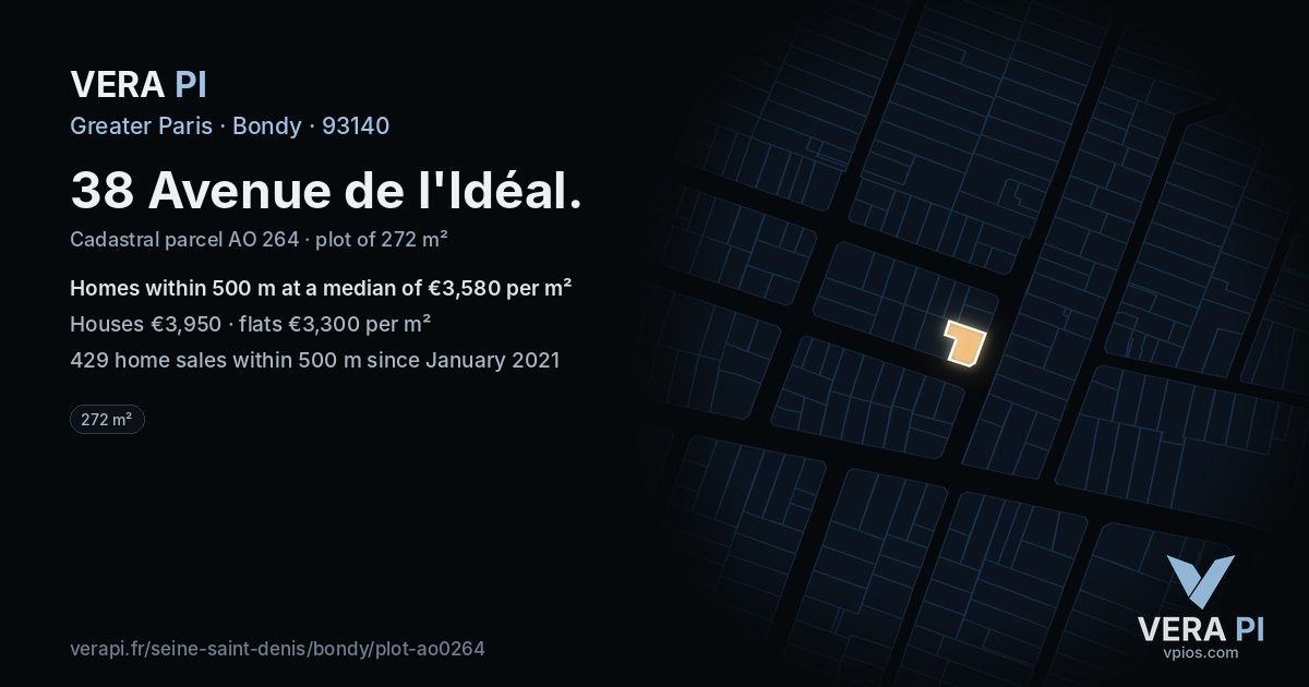 38 Avenue de l'Idéal, Bondy at night – the plot lit, the parcels around coloured by the prices near them