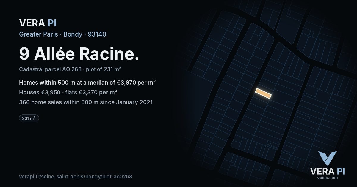 9 Allée Racine, Bondy at night – the plot lit, the parcels around coloured by the prices near them