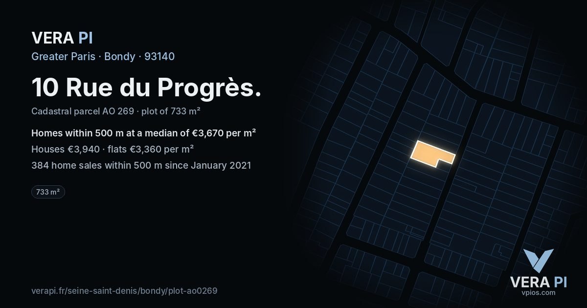 10 Rue du Progrès, Bondy at night – the plot lit, the parcels around coloured by the prices near them