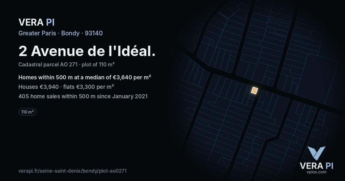 2 Avenue de l'Idéal, Bondy at night – the plot lit, the parcels around coloured by the prices near them