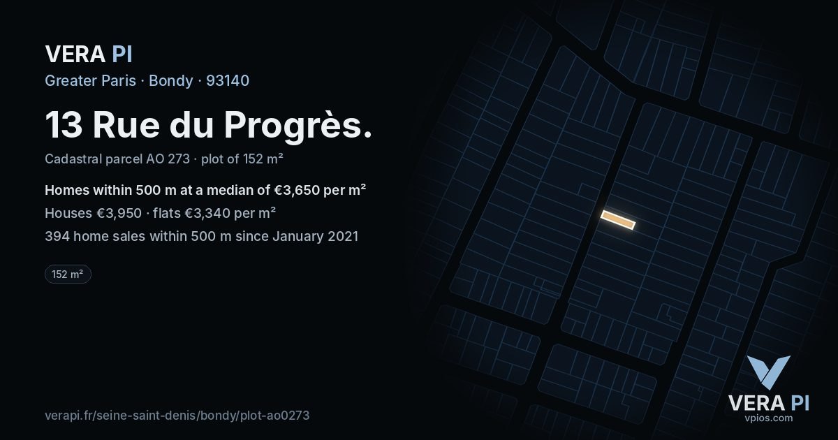 13 Rue du Progrès, Bondy at night – the plot lit, the parcels around coloured by the prices near them