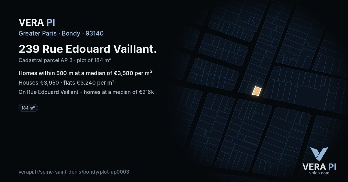 239 Rue Edouard Vaillant, Bondy at night – the plot lit, the parcels around coloured by the prices near them
