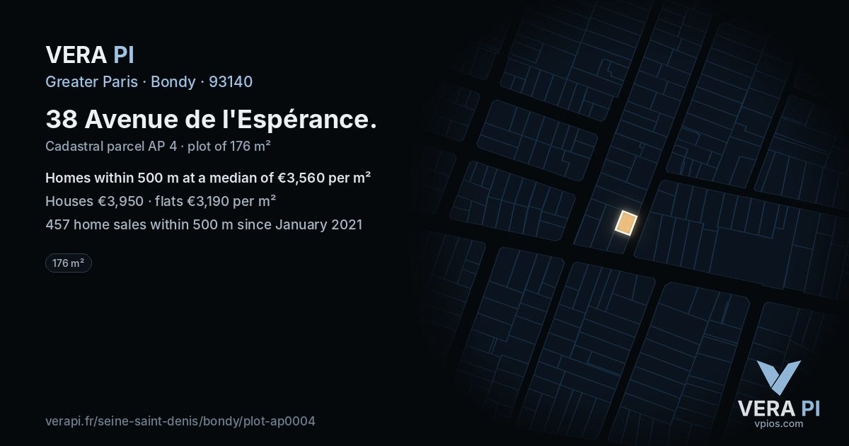 38 Avenue de l'Espérance, Bondy at night – the plot lit, the parcels around coloured by the prices near them