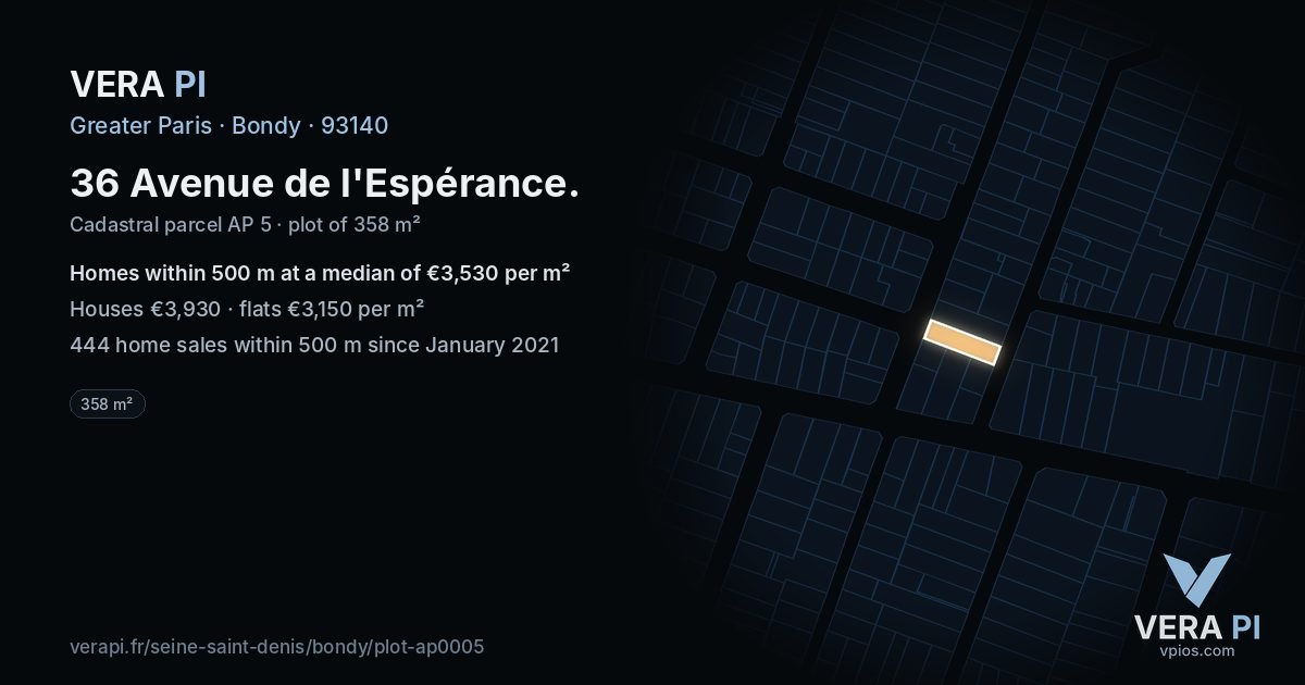 36 Avenue de l'Espérance, Bondy at night – the plot lit, the parcels around coloured by the prices near them
