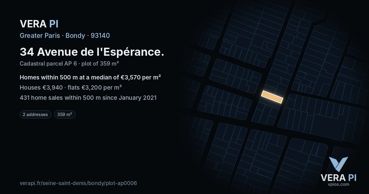 34 Avenue de l'Espérance, Bondy at night – the plot lit, the parcels around coloured by the prices near them