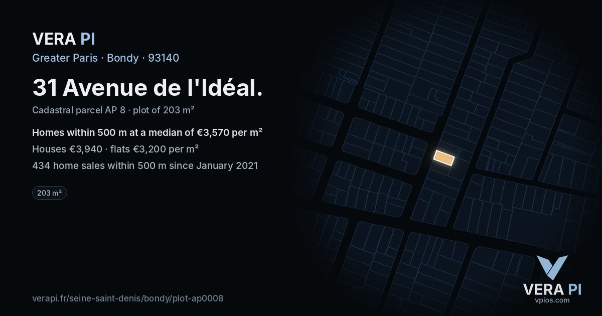 31 Avenue de l'Idéal, Bondy at night – the plot lit, the parcels around coloured by the prices near them