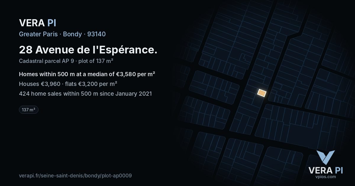 28 Avenue de l'Espérance, Bondy at night – the plot lit, the parcels around coloured by the prices near them