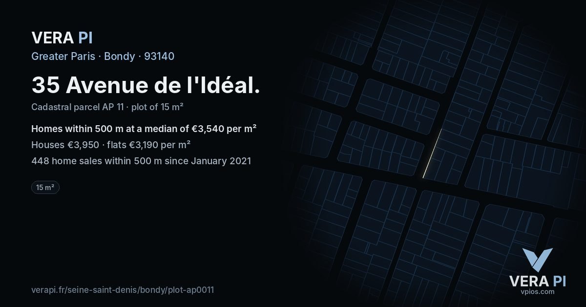 35 Avenue de l'Idéal, Bondy at night – the plot lit, the parcels around coloured by the prices near them