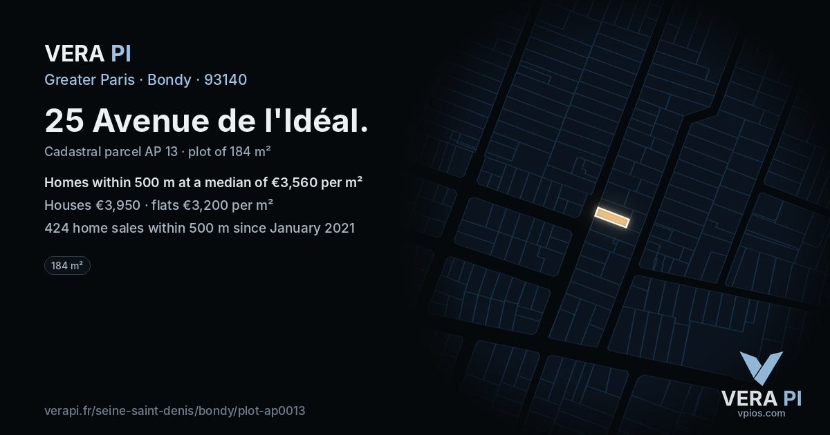 25 Avenue de l'Idéal, Bondy at night – the plot lit, the parcels around coloured by the prices near them