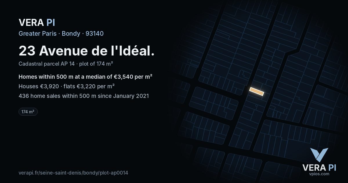 23 Avenue de l'Idéal, Bondy at night – the plot lit, the parcels around coloured by the prices near them