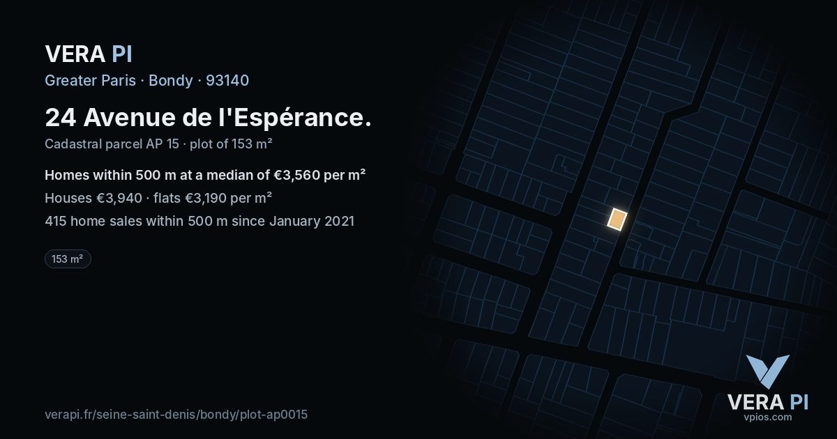 24 Avenue de l'Espérance, Bondy at night – the plot lit, the parcels around coloured by the prices near them