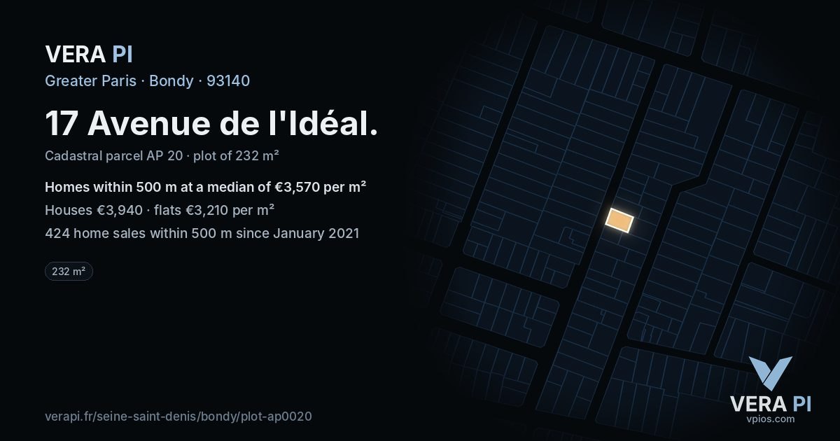 17 Avenue de l'Idéal, Bondy at night – the plot lit, the parcels around coloured by the prices near them
