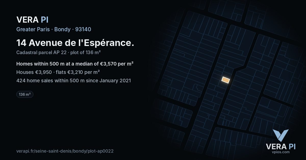 14 Avenue de l'Espérance, Bondy at night – the plot lit, the parcels around coloured by the prices near them