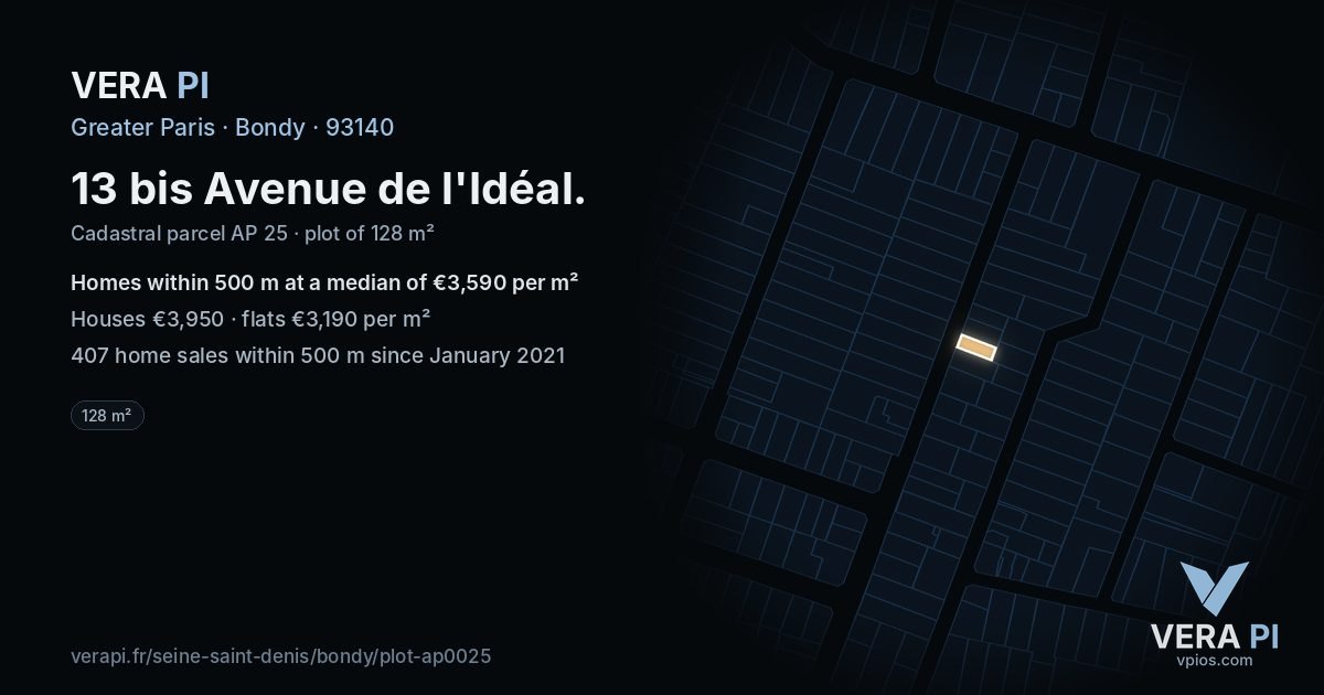 13 bis Avenue de l'Idéal, Bondy at night – the plot lit, the parcels around coloured by the prices near them