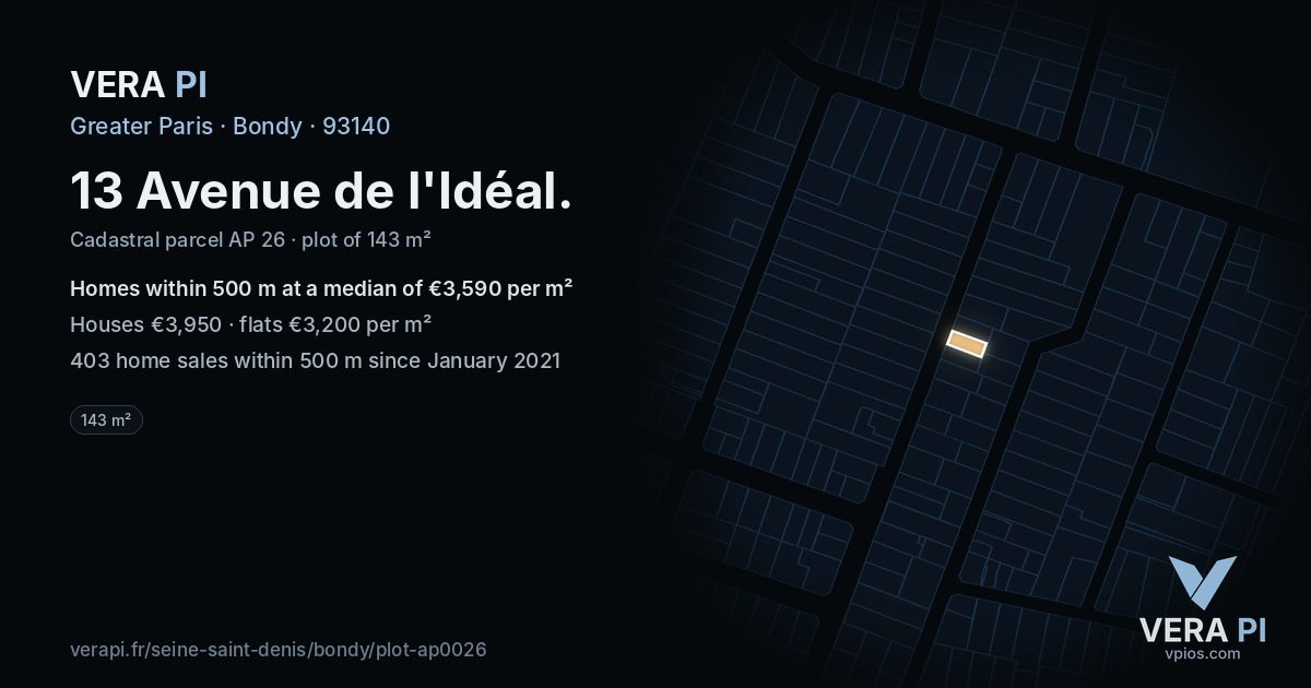 13 Avenue de l'Idéal, Bondy at night – the plot lit, the parcels around coloured by the prices near them