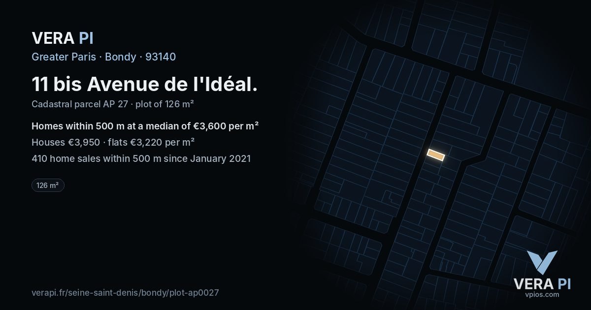 11 bis Avenue de l'Idéal, Bondy at night – the plot lit, the parcels around coloured by the prices near them