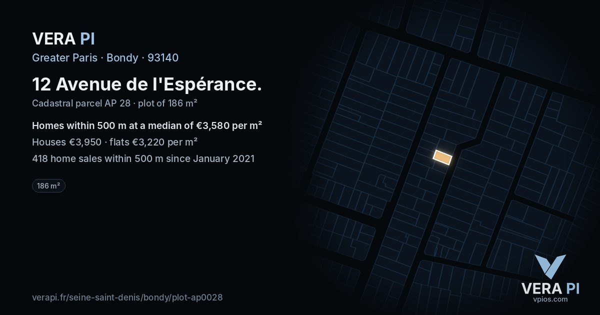 12 Avenue de l'Espérance, Bondy at night – the plot lit, the parcels around coloured by the prices near them