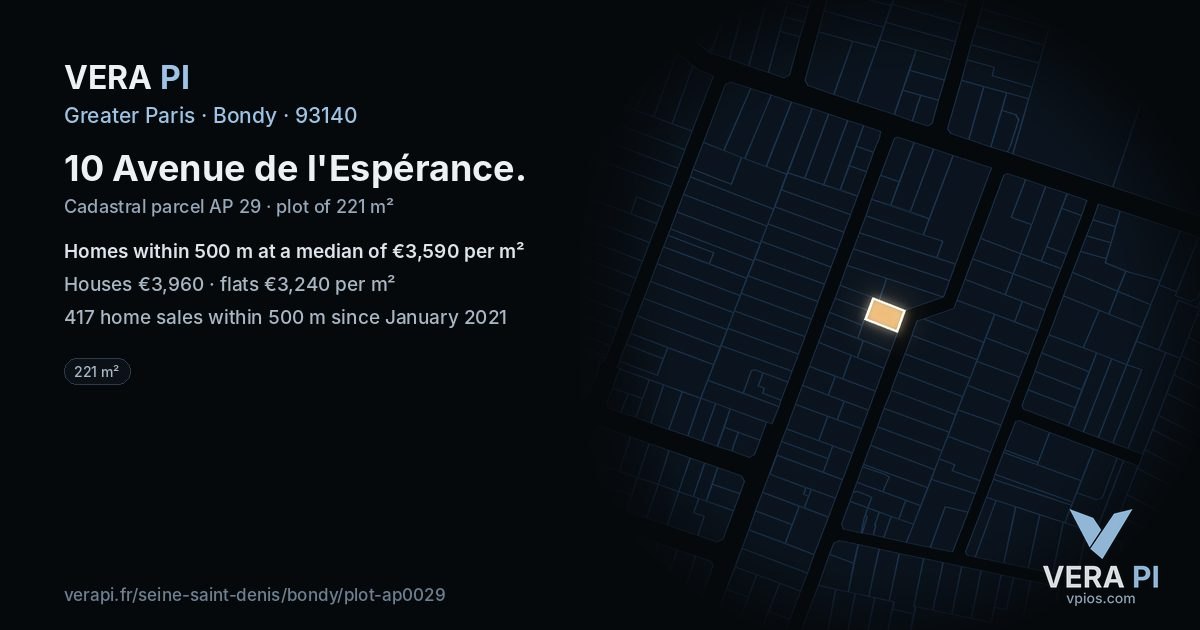 10 Avenue de l'Espérance, Bondy at night – the plot lit, the parcels around coloured by the prices near them