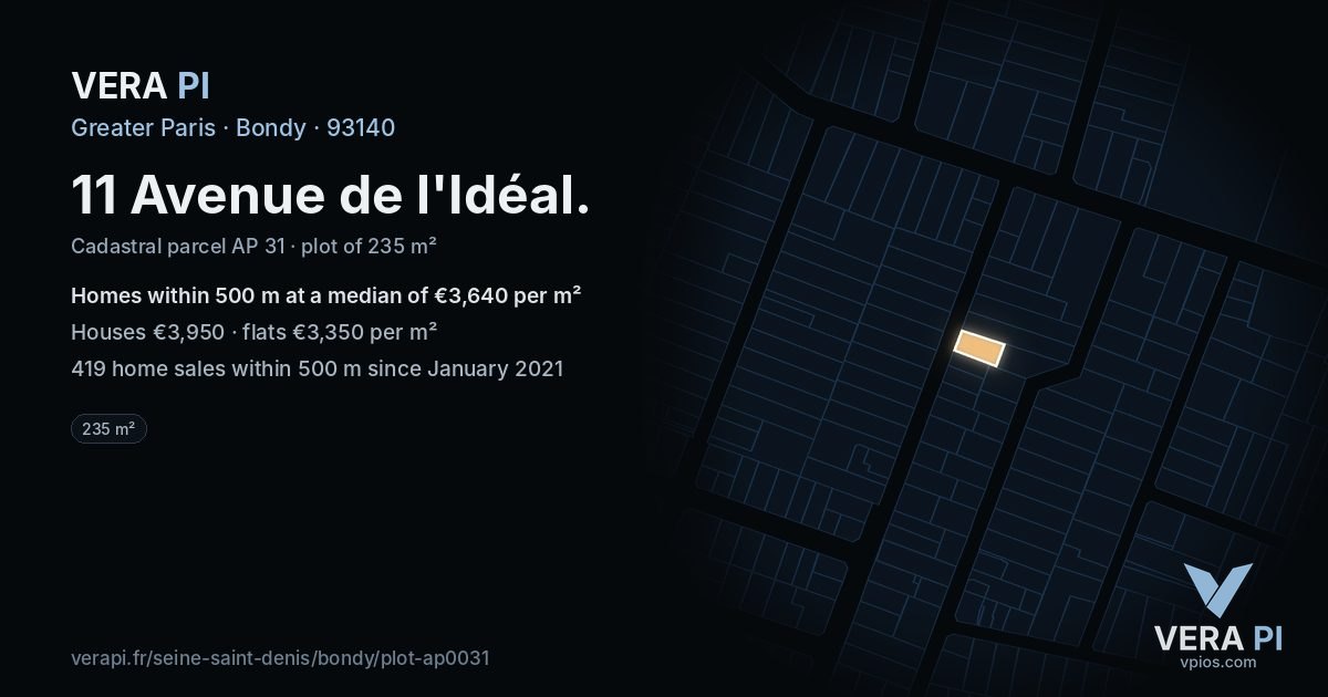 11 Avenue de l'Idéal, Bondy at night – the plot lit, the parcels around coloured by the prices near them