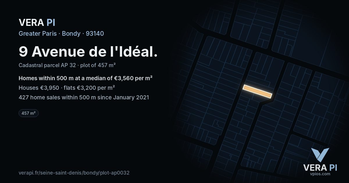 9 Avenue de l'Idéal, Bondy at night – the plot lit, the parcels around coloured by the prices near them