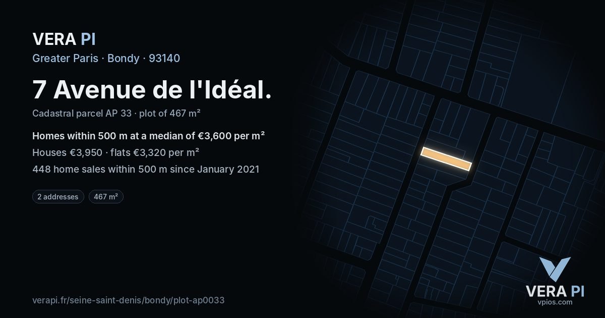 7 Avenue de l'Idéal, Bondy at night – the plot lit, the parcels around coloured by the prices near them