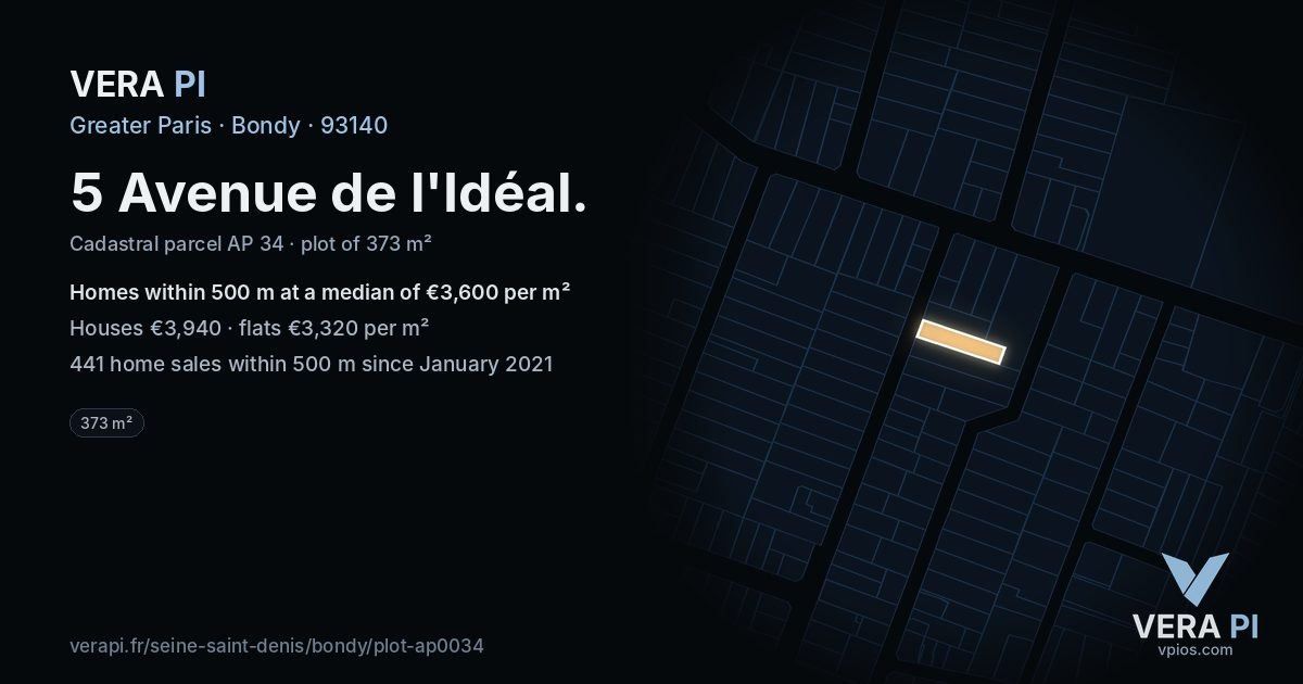 5 Avenue de l'Idéal, Bondy at night – the plot lit, the parcels around coloured by the prices near them