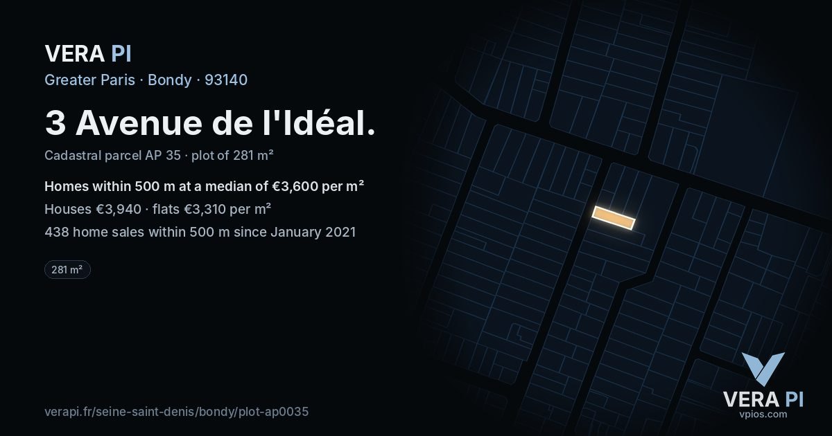 3 Avenue de l'Idéal, Bondy at night – the plot lit, the parcels around coloured by the prices near them