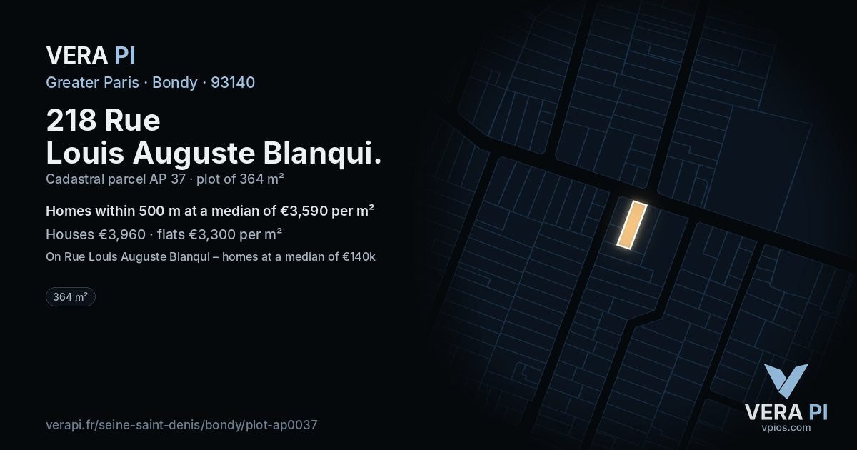 218 Rue Louis Auguste Blanqui, Bondy at night – the plot lit, the parcels around coloured by the prices near them