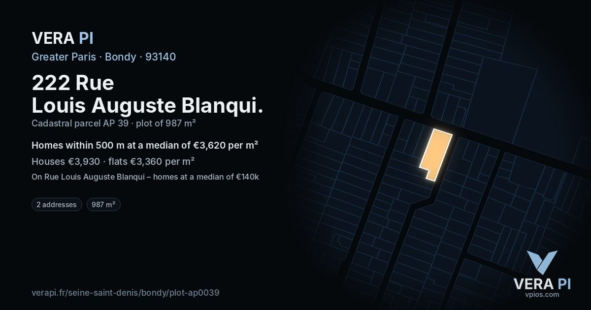 222 Rue Louis Auguste Blanqui, Bondy at night – the plot lit, the parcels around coloured by the prices near them